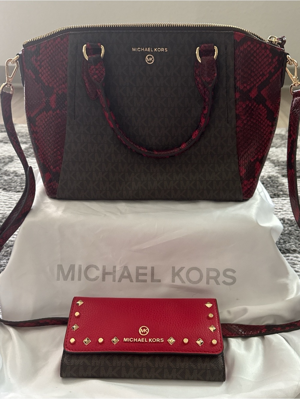 Michael Kors Women's Brown & Burgundy Signature Satchel with Red Accent Wallet